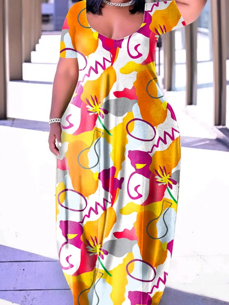 

ZJFZML ZZ Plus Size Women's Floor Length Dress Casual Aesthetic Print Scoop Neck Short Sleeve Loose Waist Long T-shirt Vestidos