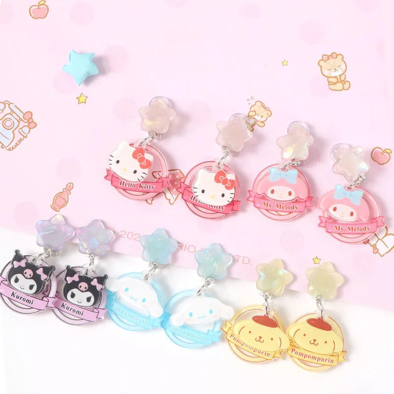 

Sanrio Hellokitty Mymelody Kuromi Purin Cinnamoroll милый акриловый зажим для ушей Kawaii Girl Heart Super Cute Мультяшные сережки