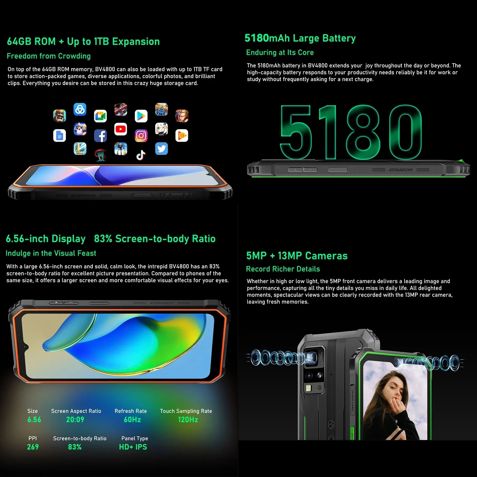 Blackview-Smartphone BV4800 resistente al agua IP68/IP69K, 3GB + 64GB, 5180mAh, Android 13, Helio A22, Quad Core, cámara de 13MP 3