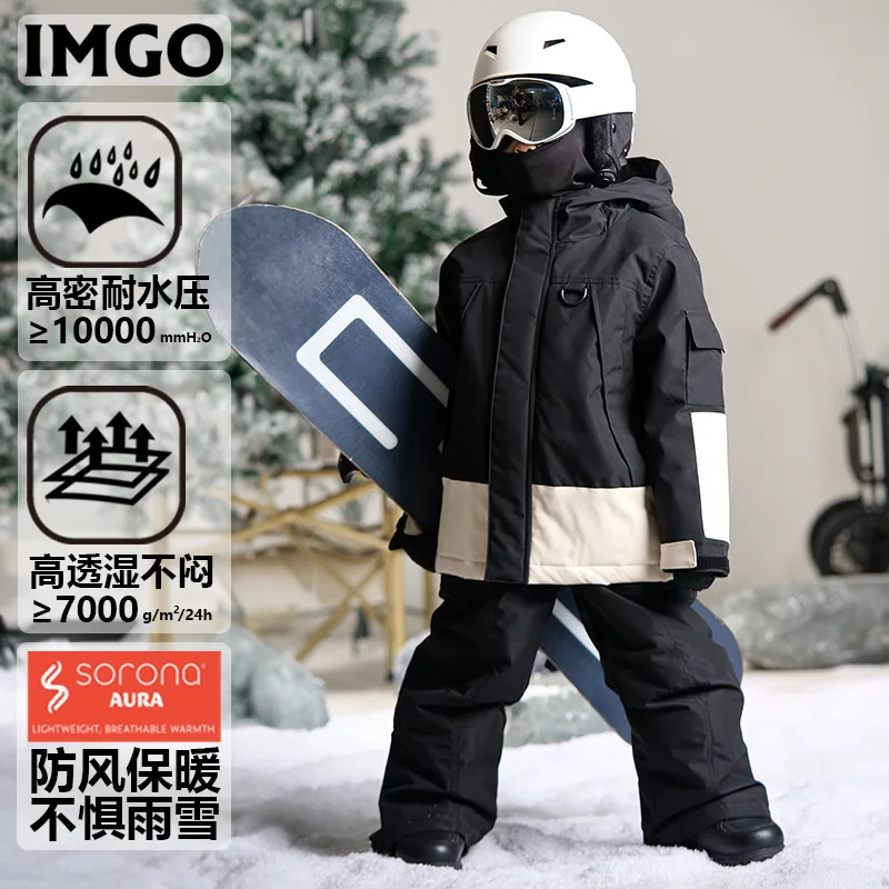 Original Black and White Children's Outdoor Strong Waterproof Moisture Permeable Ski Suit Quilted Fleece-lined Snow Suit