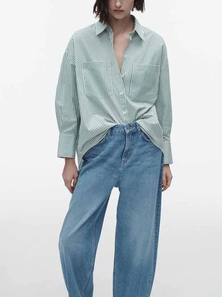 

Spring and autumn new fashion European and American casual all-match western style striped loose poplin shirt