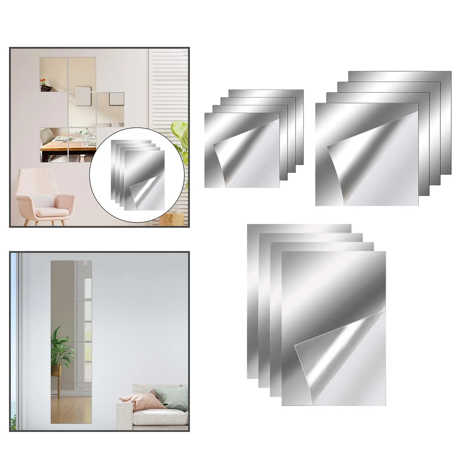 4x Square Wall Mirror Tiles Full Length Mirror Acrylic Flexible Sheets Sticky Wall Sticker Door Bathroom Home