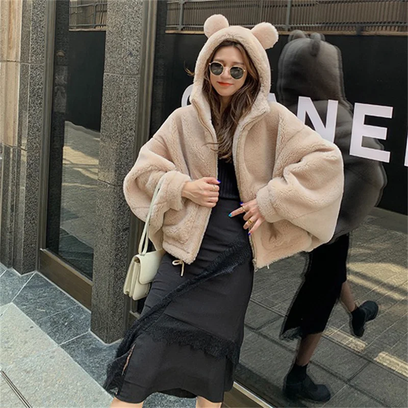 Ladies Luxury Plush Fur Coat Winter Warm Imported Sheep-cut Fur Coat, Hooded Bear Ears Design Cute Plush Coat