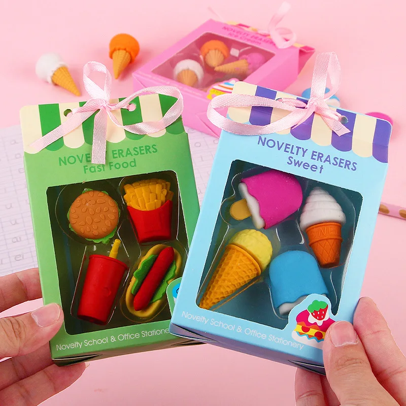 

4PCS Kawaii Creative Food Cake Eraser Christmas Children Gift Ice Cream Hamburger Lollipop Detachable Rubber Eraser Stationery