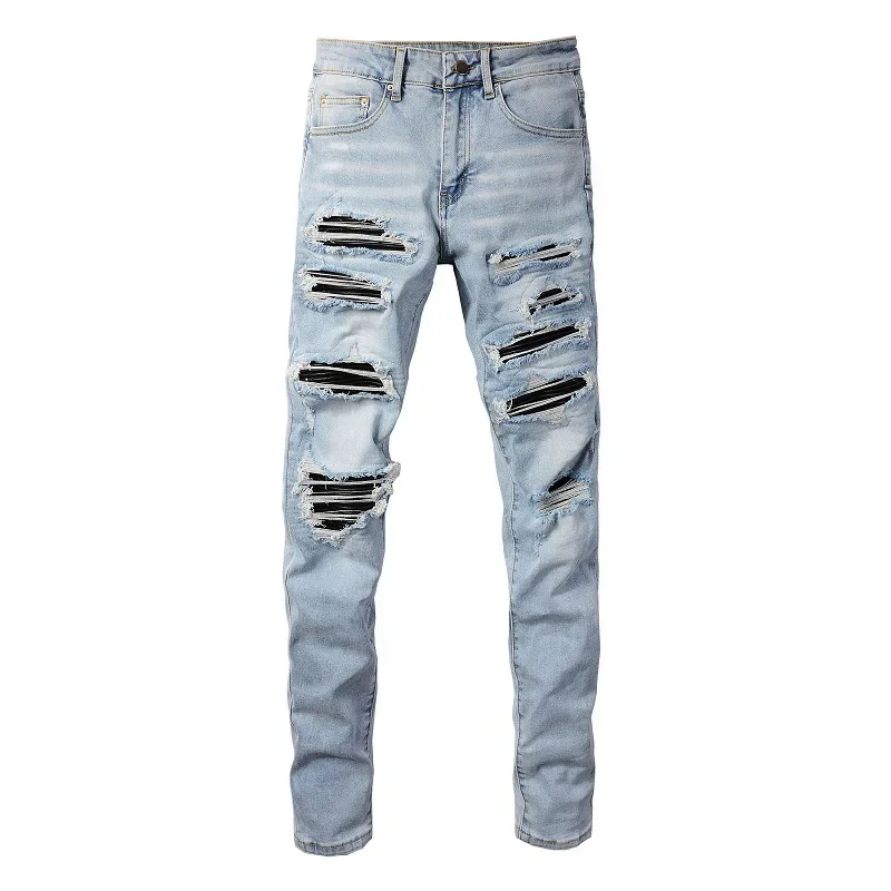 Fashion Men's High Street Jeans with Appliqué, Hand-Sanded, Ripped, Slim Fit and Slimming Trendy Brand Ankle-Length Jeans 2