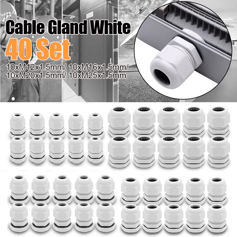 Cable Gland White 40 Set 10x M12 10x M16 M20 M25 x1.5mm IP67