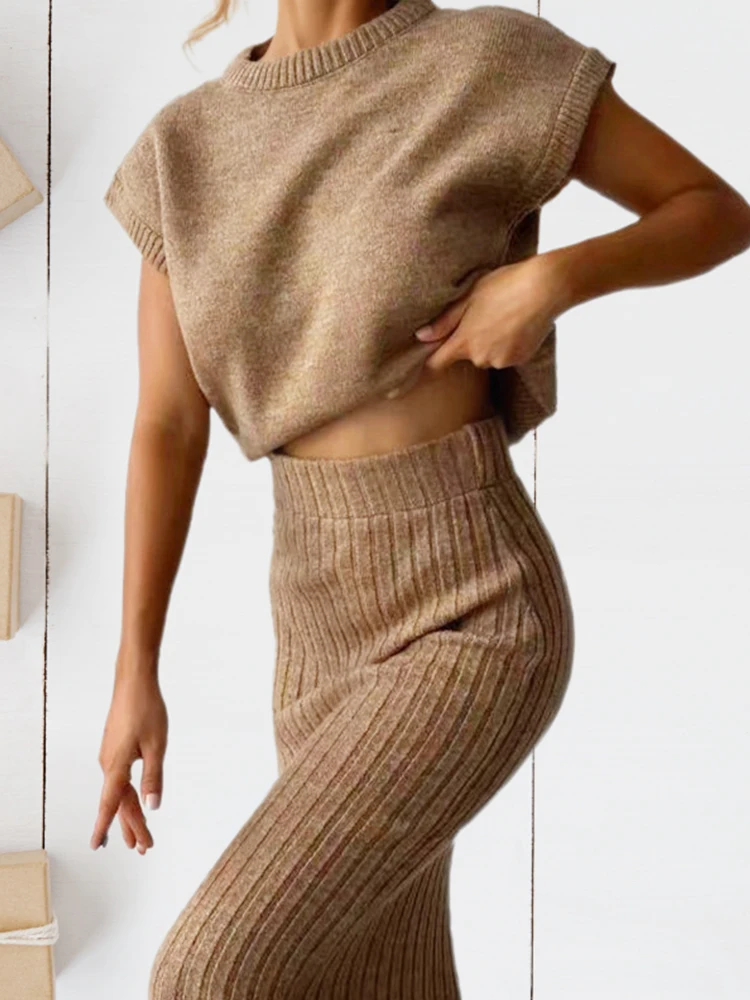 

Fashion Sweater Skirt Set Sleeveless O Neck Tank Tops Slim Knit Skirt Two Piece Set Women Casual Outfit Knitted Midi Skirt Sets