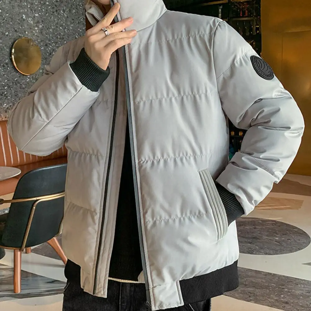

Men Coat Thicken Cotton Padded Zipper Male Jacket Solid Color Stand Collar Winter Windbreaker Streetwear
