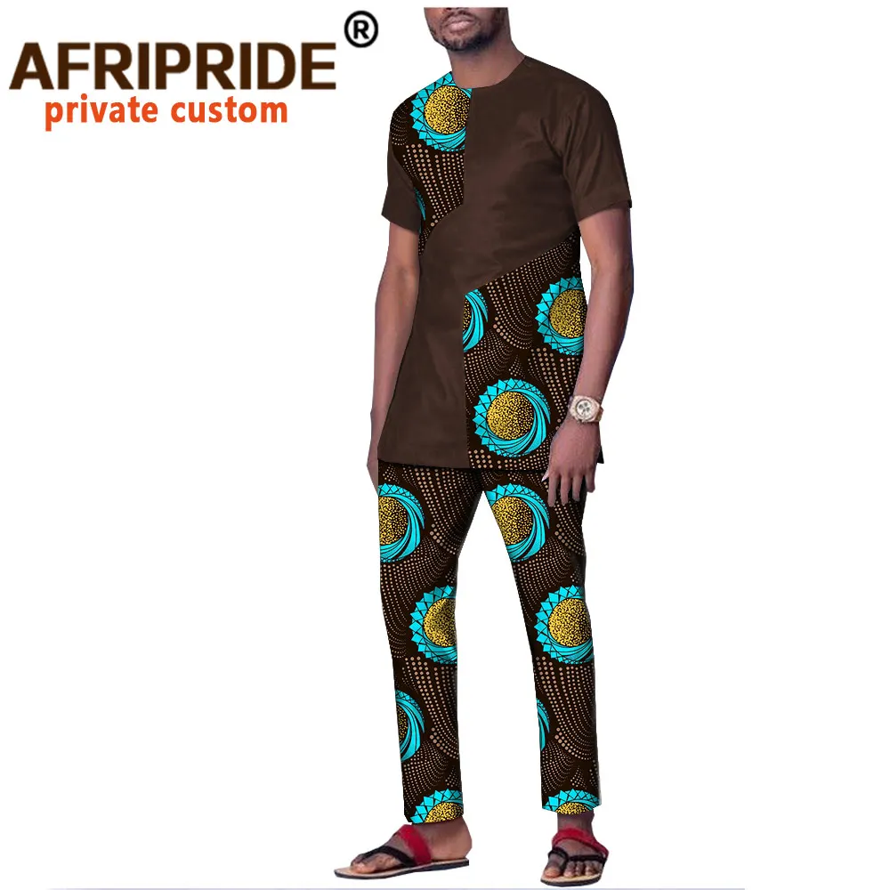 2022 Spring&autumn African Print Cotton Set for Men AFRIPRIDE Short Sleeves Top + Ankle Length Pants Casual Men's Set A1816004