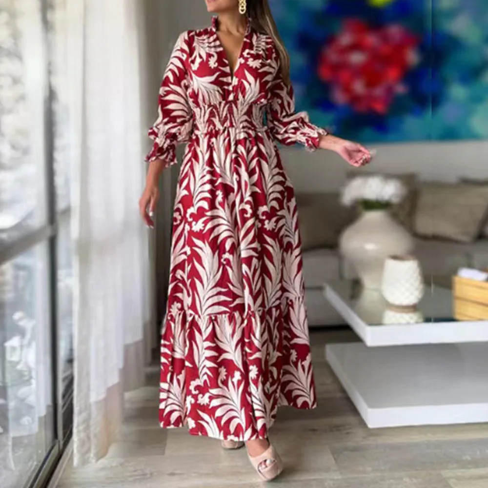 

2023 Spring Bohemian Women's Long Dress V-neck Plated Puff Sleeve Elegant Dresses Female Autumn Party Casual Beach Clothes Lady