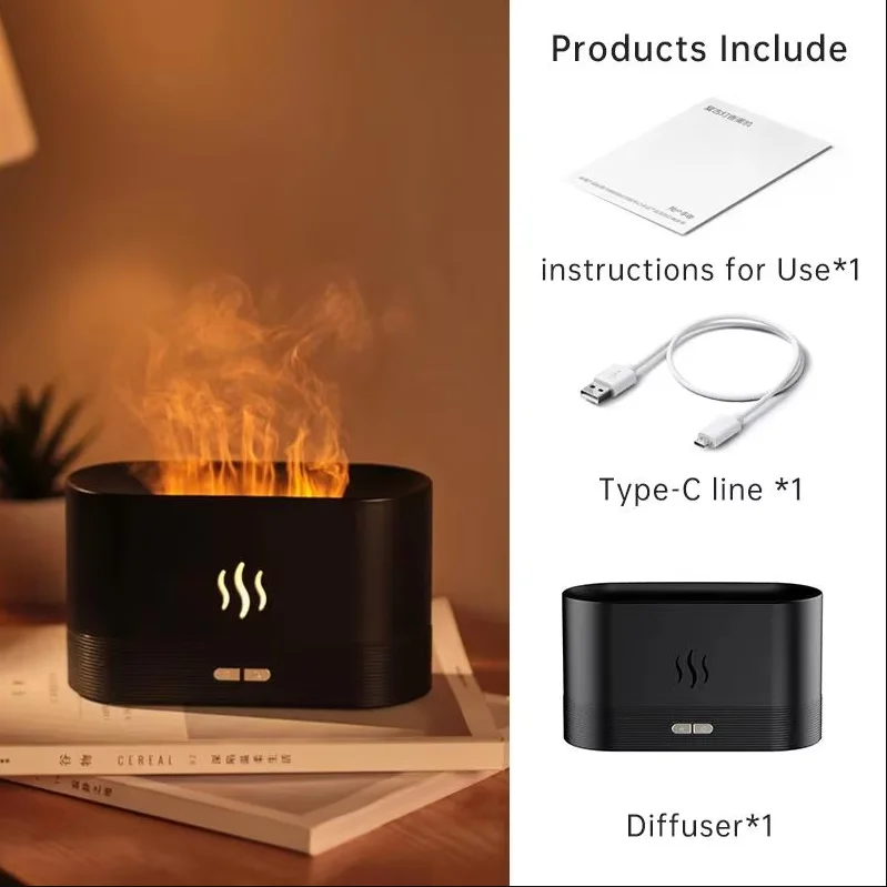 Ultradźwiękowy dyfuzor zapachowy i nawilżacz powietrza z chłodną mgiełką, lampka LED, dyfuzor olejków eterycznych - nawilżacz z efektem płomienia