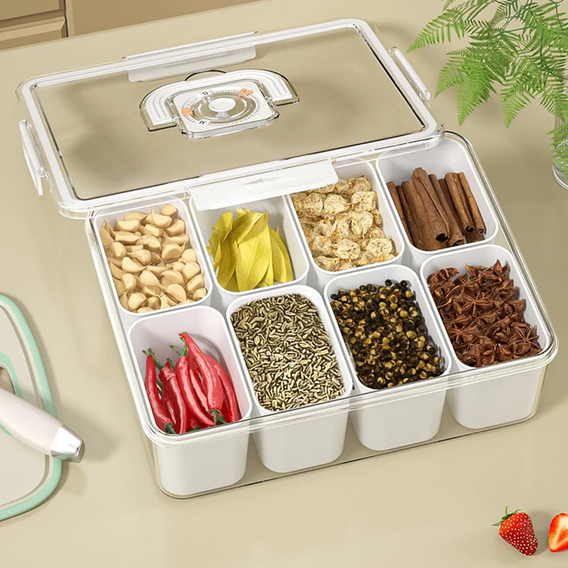 Refrigerator Storage Box 2/4/8 Grid Vegetable Fruits Appetizer With Lid Sectional Nuts Candy Snack Serving Tray Fridge Organizer