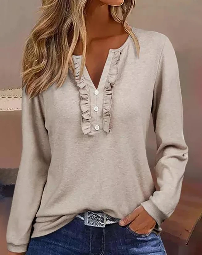 

Women's Top 2024 New Autumn Frill Hem Buttoned Long Sleeve Tops Solid Color Notch Neck T-Shirt Daily Casual Versatile Tee