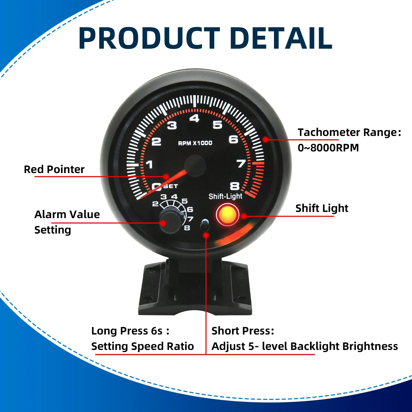 Tachometer Gauge Car Universal 0-8000 RPM With Shift light For 1-8 Cylinders 12V Racing