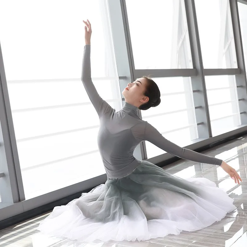 

women's Ballet dress long sleeve gray Ballet Gymnastic Leotard Turtleneck Gauze Classical Bodysuit yoga Practice Clothes