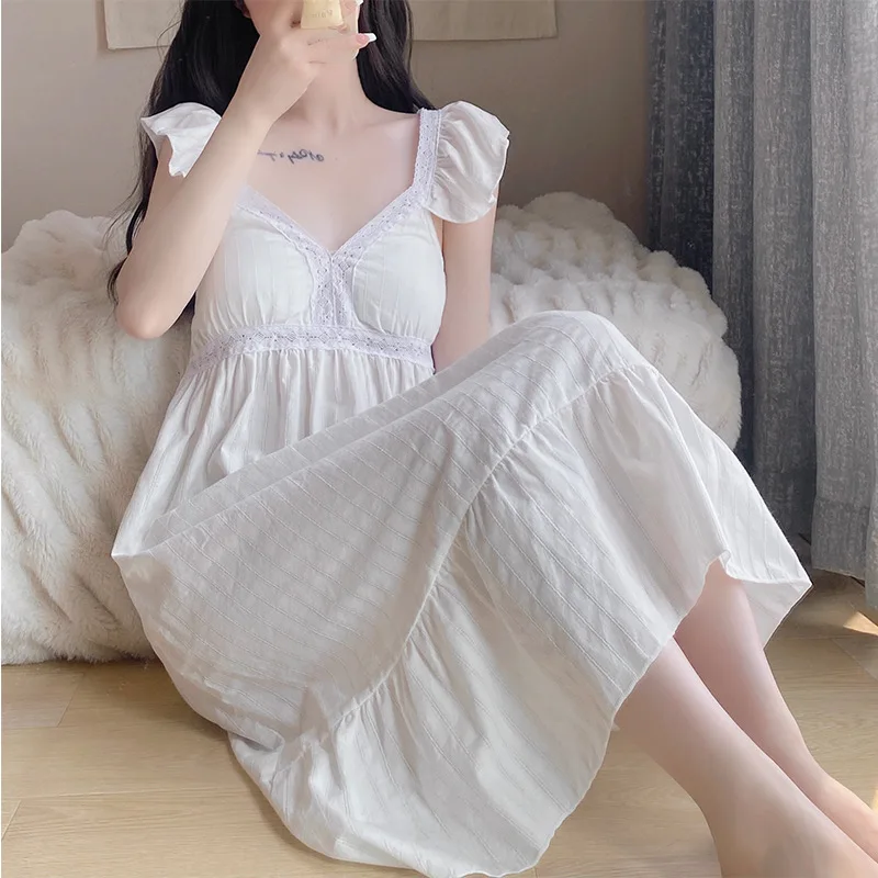 

Women Thin Sleepdress Chic Summer Gute Girlish Sexy Korean Female Spaghetti Strap Nightgown White Casual Aesthetic Basic D418