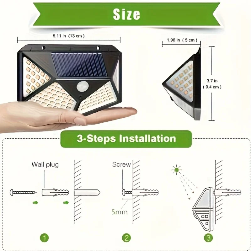 New Solar Lights Outdoor Wall Lamp PIR Motion Sensor 100LED Solar Powered Sunlight Street Light for Garden Courtyard