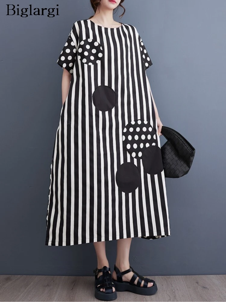 

Oversized Striped Polka Dot Print Midi Summer A-Line Dress Women Casual Loose Pleated Ladies Dresses Ruffle Fashion Woman Dress