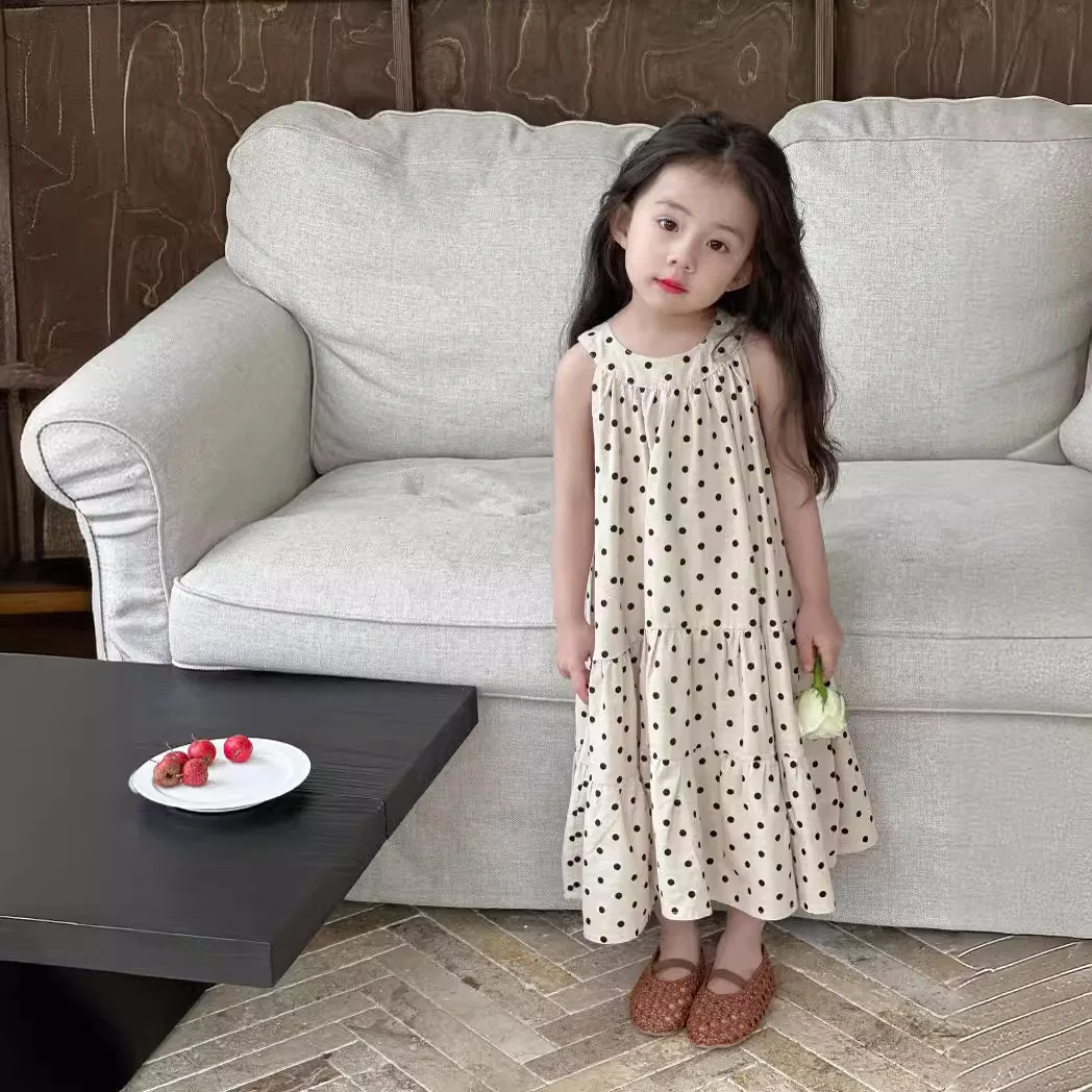 

Children Girls Dot Print Dress Summer Korean A Line Sleeveless Ankle Length Cotton Thin Brief Baby Girls Dress Kid Girls Dress