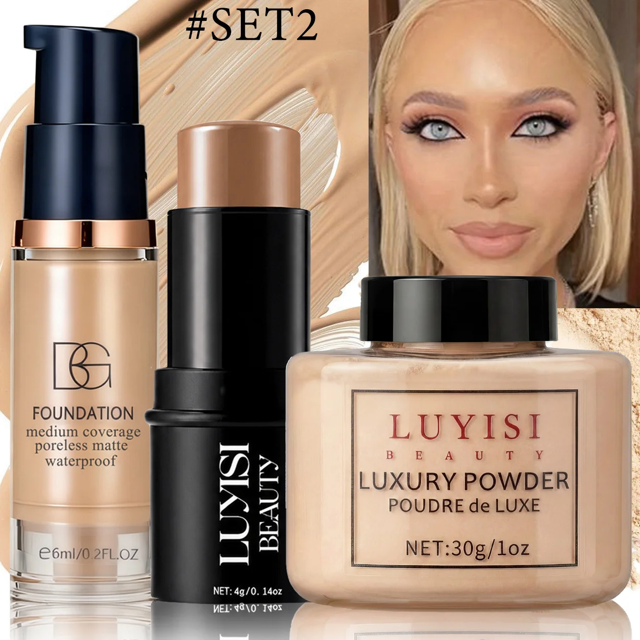 Set di trucco per il viso: 1 fondotinta + 1 stick per il contouring + 1 polvere fissante, copertura completa, impermeabile e resistente al sudore, cosmetici delicati. - immagine 3