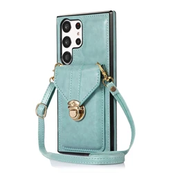 Crossbody Leather Phone Case with Wallet Lanyard and Card Holder - Galaxy S24 Ultra (Green)