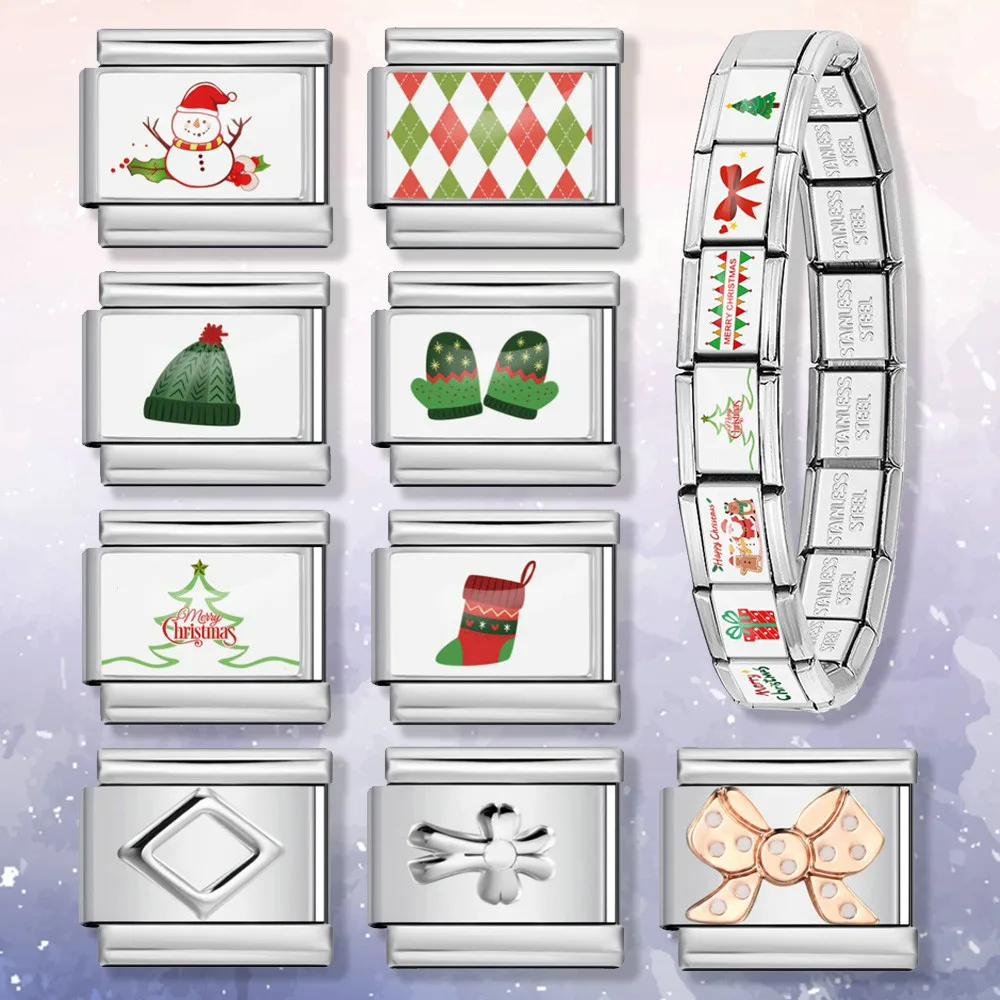 URING Weiße Weihnachtshandschuhe, Socken, Hüte, italienischer Charm-Link, passend für 9 mm Edelstahl-Armbänder, DIY, trendiges Schmuckgeschenk