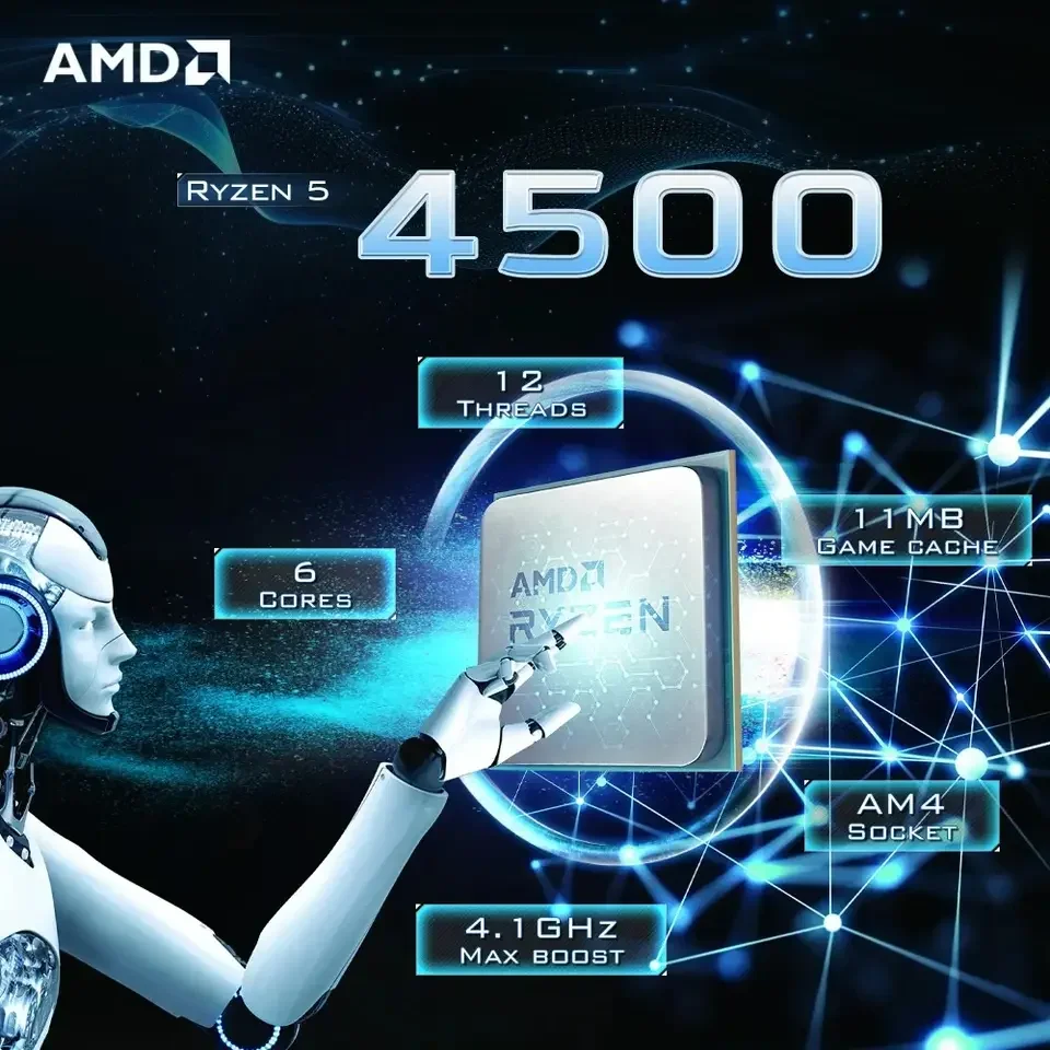 AMD 라이젠 5 4500 네이키드 패키징 소켓 AM4 6코어 12스레드 L3=8MB DDR4 프로세서 65W PCIe 3.0 7NM 새 CPU (팬 미포함)