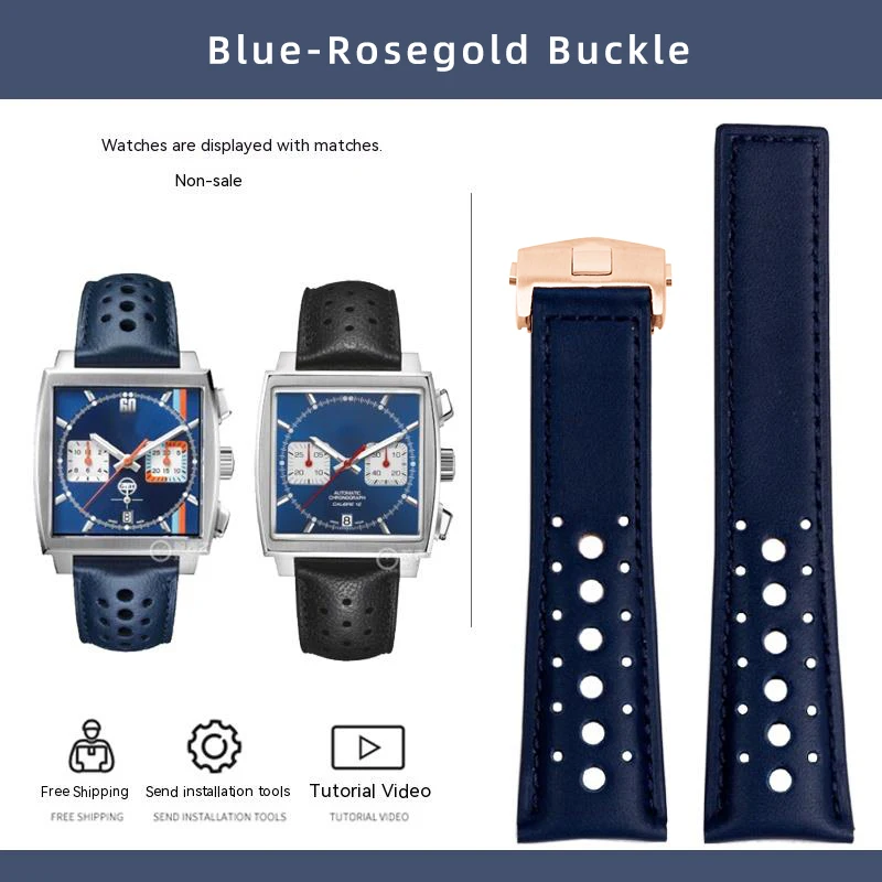 Men's Soft Genuine Cowhide Leather Watchband with Folding Buckle - 22mm, Compatible with Tag Heuer Monaco Series