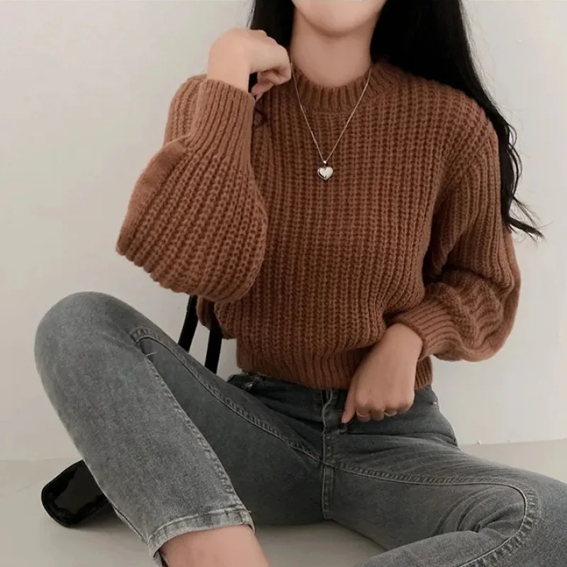 Autumn and Winter Women's Clothing Elegant Short Lantern Sleeve Sweater New Round Neck Pullover Solid Color Slim-fit Knitwear