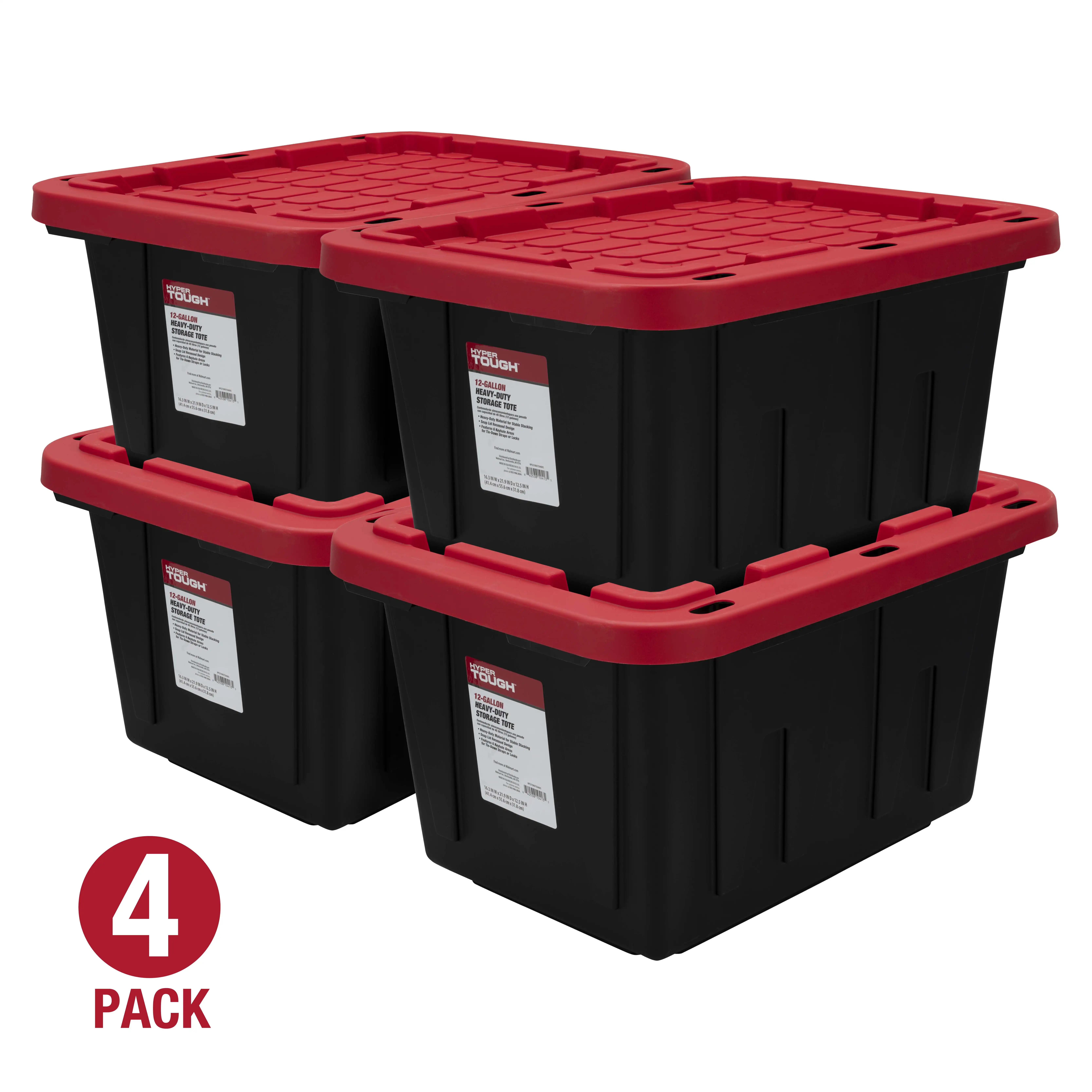 

12 Gallon Snap Lid Storage Bin Container, Black with Red Lid, Set of 4
