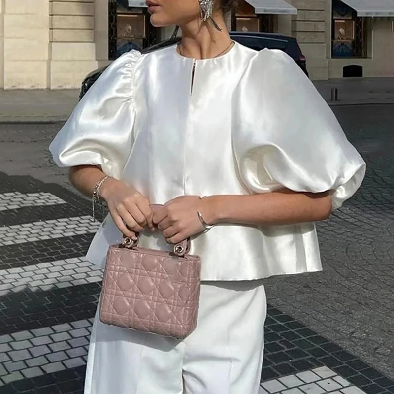 

White Summer Satin Elegant Ruffle Shirts For Women 2024 Lantern Short Sleeve Loose O-neck Female Blouses Fashion Ladies Crop Top