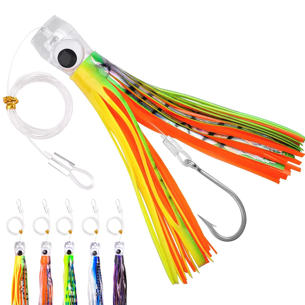

102G Saltwater Fishing Trolling Lures 8.6inch Rigged Squid Skirt with Leader Line Stainless Steel Hook for Marlin Tuna Wahoo
