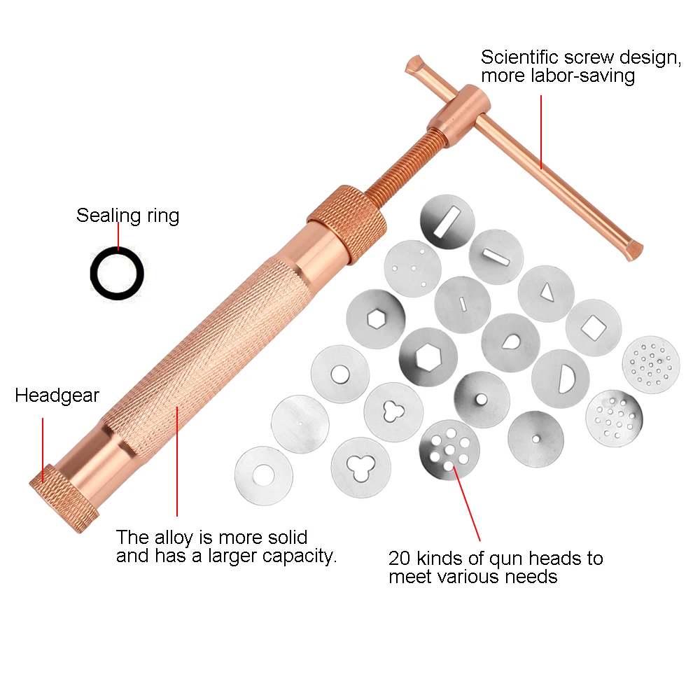 Rose Gold Polymer Clay and Fondant Extruder Tool with 20 Tips