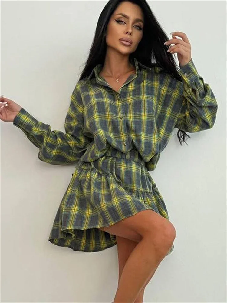 Female 2 Piece-Set Pleated Skirts Fashion Contrast Lapel High Waist Spring 2025 Shirts Outfits Women's Mini Skirt Sets New