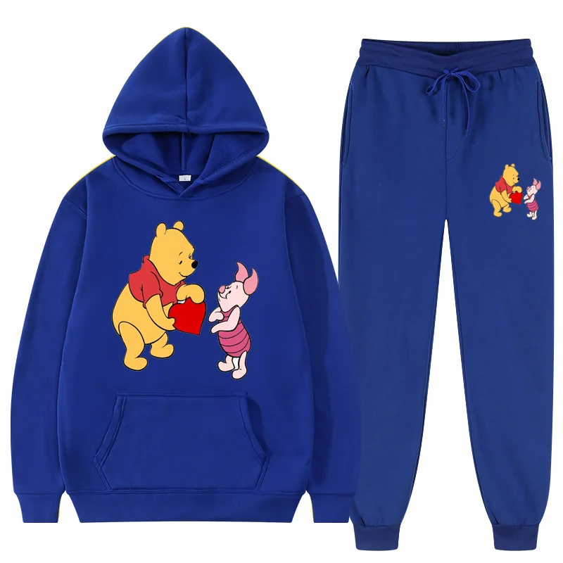 Anime Pooh Bear Print Hooded Sweatshirt Suit For Women Autumn New Disney Hoodie + Trousers 2 Sets Of Coupleswear Fashion Sports