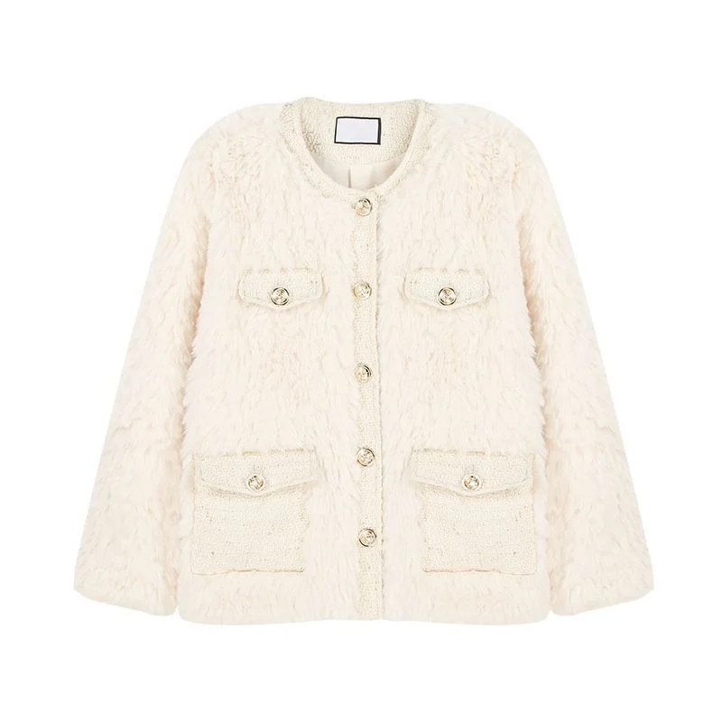 2023 New Small Fragrant Wind Winter Imitation FurWarm Coat Women Fashion Rabbit Hair Thick Round Neck Short Cotton-padded Jacket