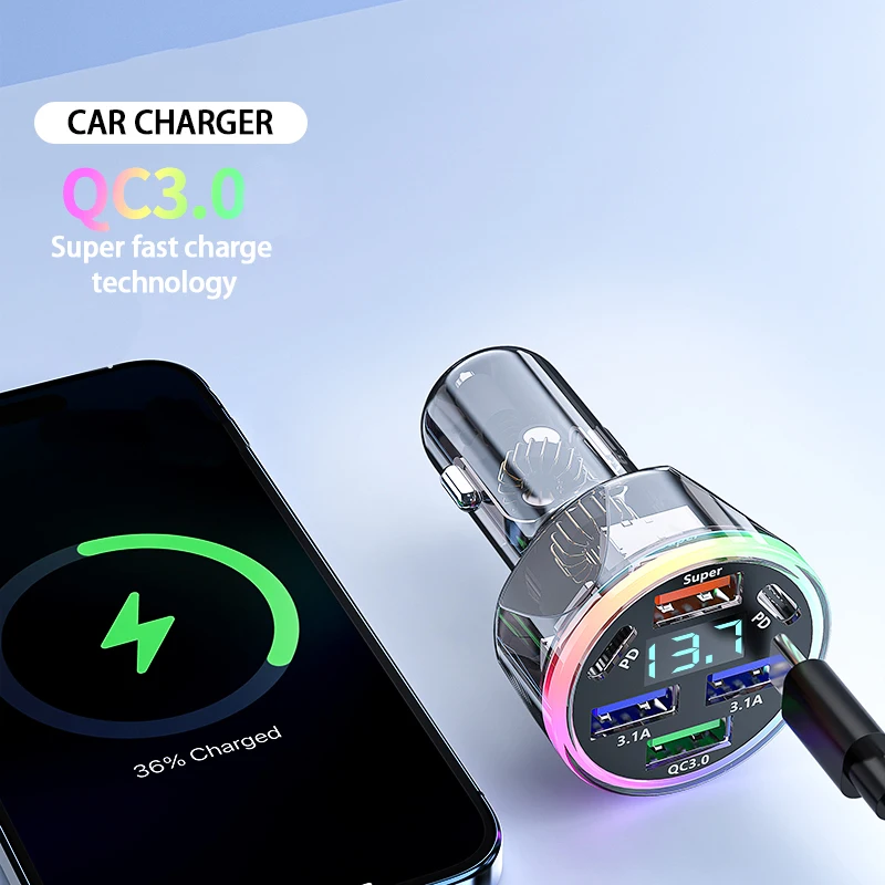 4USB car charger 6-port PD car power adapter Colorful atmosphere light surround voltage digital display for 12-24V models