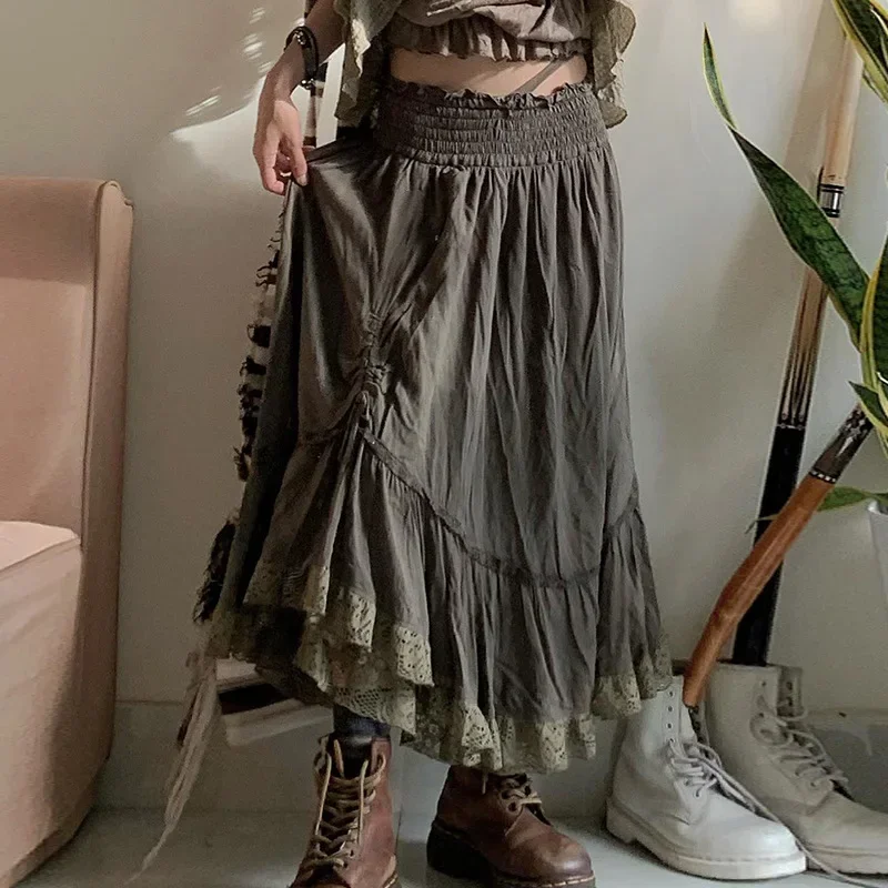 Pleated Skirts y2k Fairycore Ruffles Shirring Lace Trim Cute Midi Skirts Women Holiday Prepply Chic Skirts Korean Harajuku