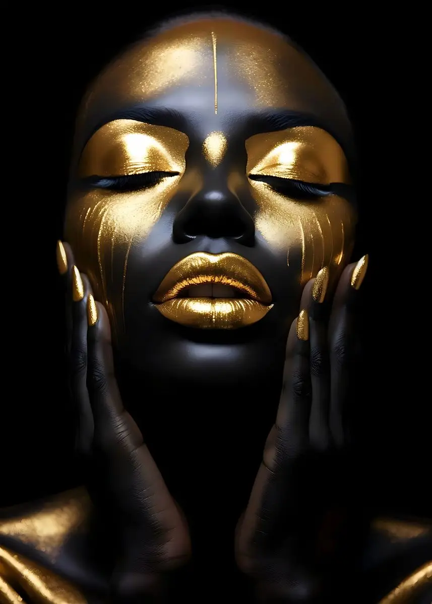 Elegant African Black and Gold Woman Portrait Canvas Art for Modern Living Room Decor