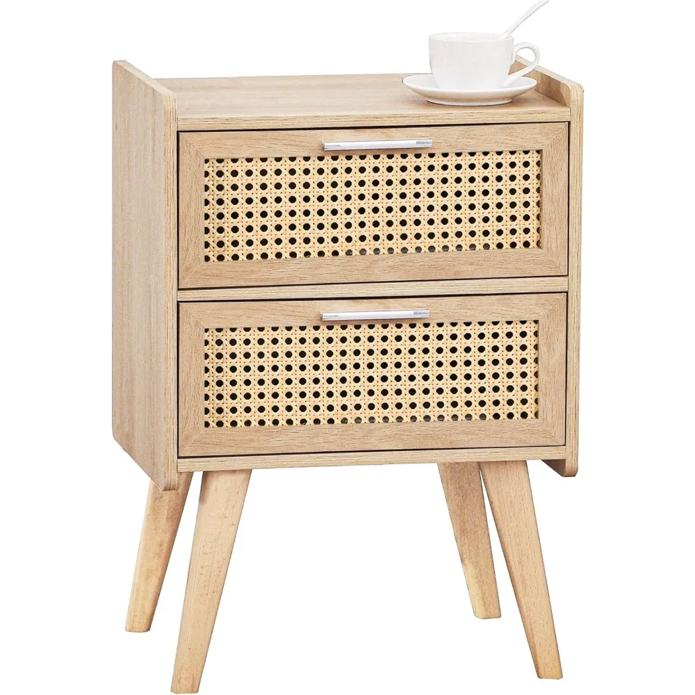 

Rattan Nightstand,Boho Bedside Table with 2 Rattan-Like Decor Drawers,Small Side Table with Solid Wood Feet, End Table