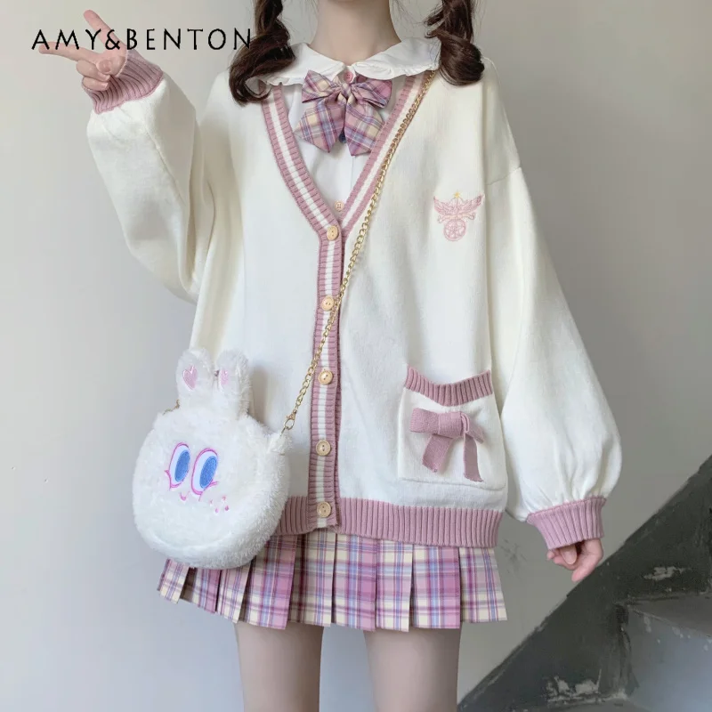 

Spring New Japanese Sweet Solid Color Embroidered Kawaii Bow Sweater Cardigan Loose Long Sleeve Pink Cardigan JK Cardigans