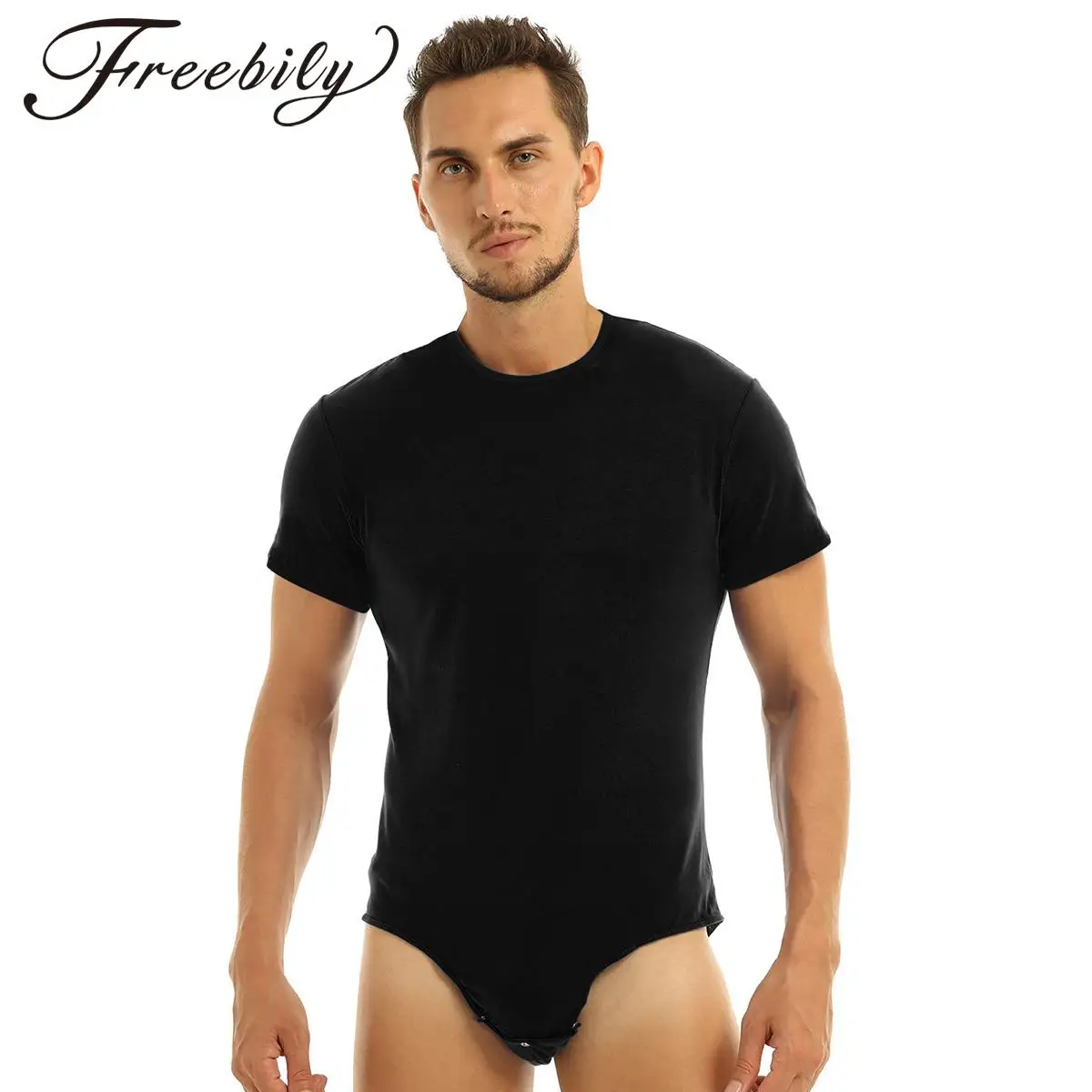 Men Bodysuits Men Short Sleeve Bodysuit One Piece Sleepwear Press Crotch Solid Leotard Lingerie Romper Pajamas Nightwear Loungewear Homewear men bodysuits men lingerie