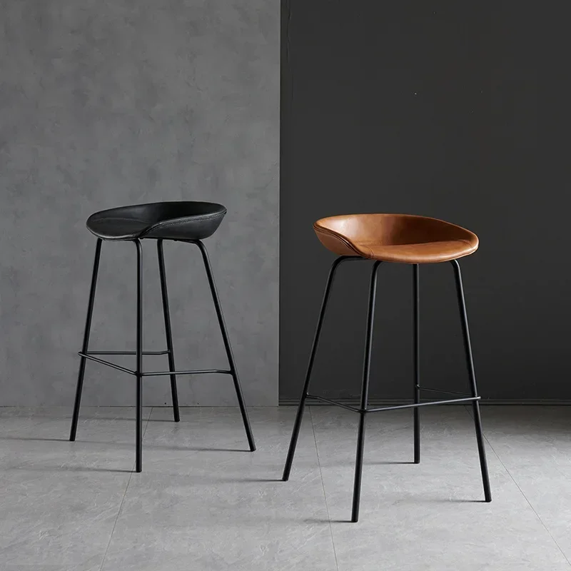 European Style Industrial Leather Art High Chair Bar Chair New Chinese Style Back Iron High Stool Front Desk Cashier 75cm