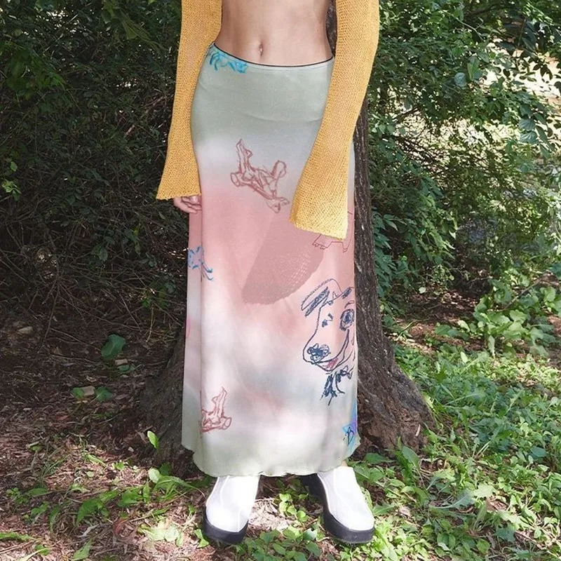 Xeemilo Cartoon Print Colorful Long Skirt Korean Fashion High-waist Straight Hip Skirts Summer Casual Streetwear Gradient Dress