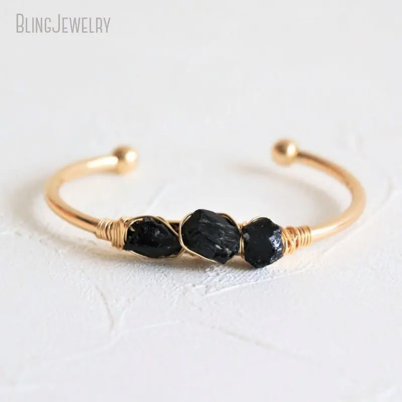 10pcs Gold Color Stainless Steel Cuff Raw Black Tourmaline Bangle Bracelet Women Triple Jet Stone Luxury Jewelry