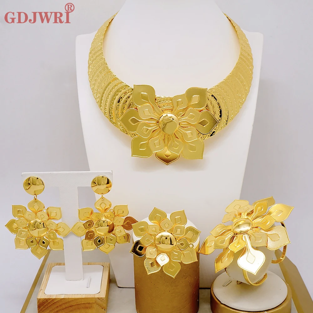 

Luxury Italy Dubai Gold Color Plated Big Flower Necklace Bangle Earring Ring Jewellery Sets For Women Bride Jewelry Accessories