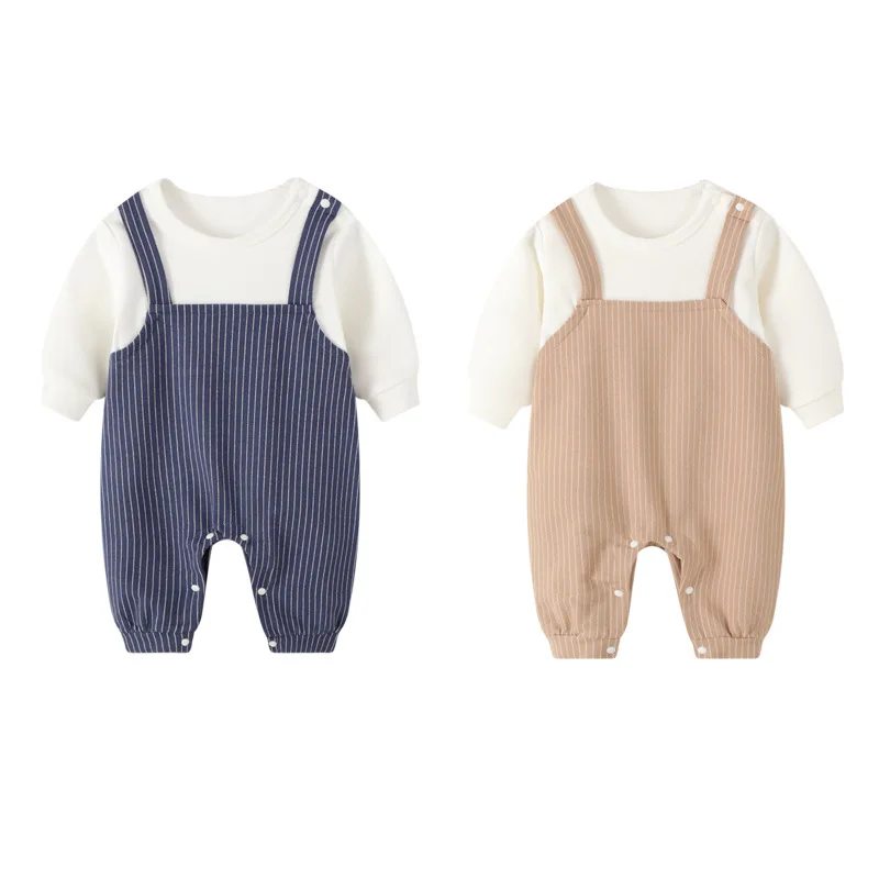 

Cotton Baby Boy Clothes Casual Newborn Baby Romper Striped 0-18M Spring Straps Autumn Solid Color Long Sleeve