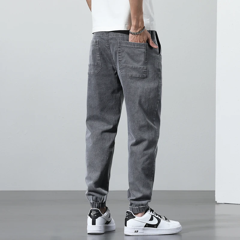 2025 Spring Summer Jeans Men Cotton Thin Beam Feet Harem Pants Elastic Drawstring Waist Light blue Joggers Trousers Male 28-38 2