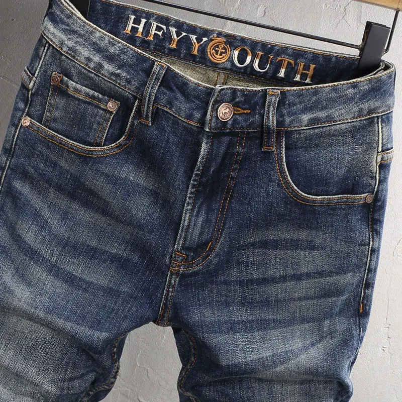 Fashion Vintage Men Jeans High Quality Retro Washed Blue Elastic Stretch Slim Fit Ripped Jeans Men Casual Trousers Denim Pants