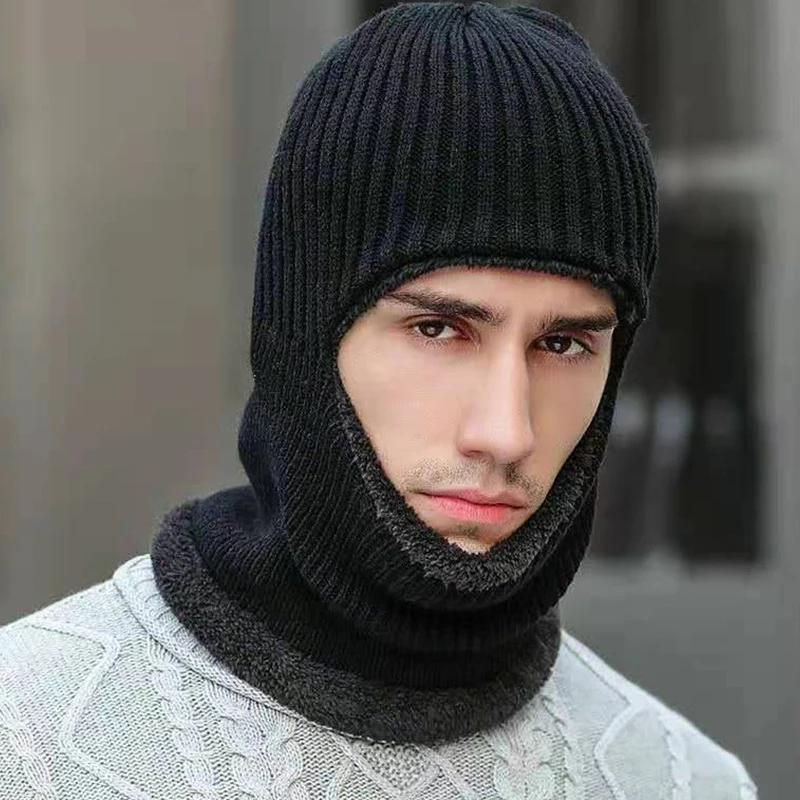 Men Full Face Cover Ski Mask Cap Winter Thick Plush Knitted Balaclava Hat Outdoor Cycling Male Ear Protection Warm Beanie